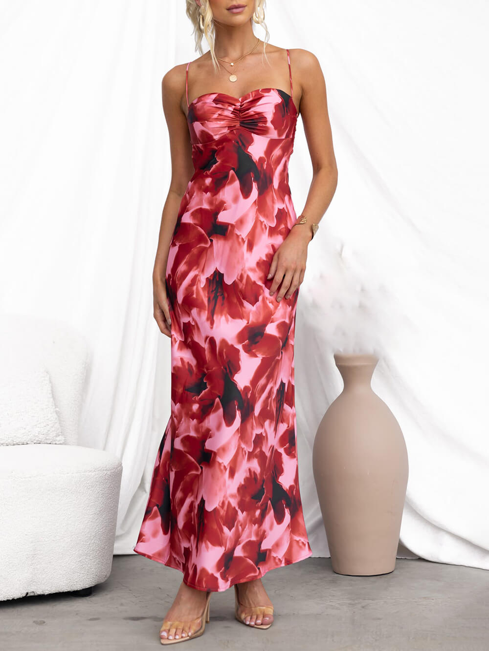 Ruched Bust Print Slip Maxi Dress