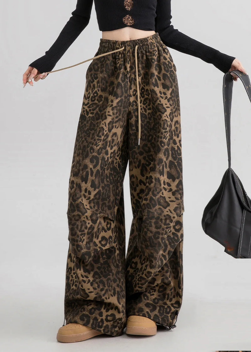 Natural Leopard Pockets Print Drawstring Straight Pants Spring