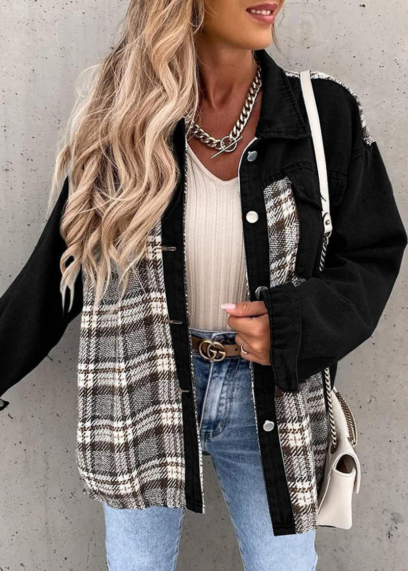 Loose Light Blue Peter Pan Collar Plaid Patchwork Denim Jackets Fall