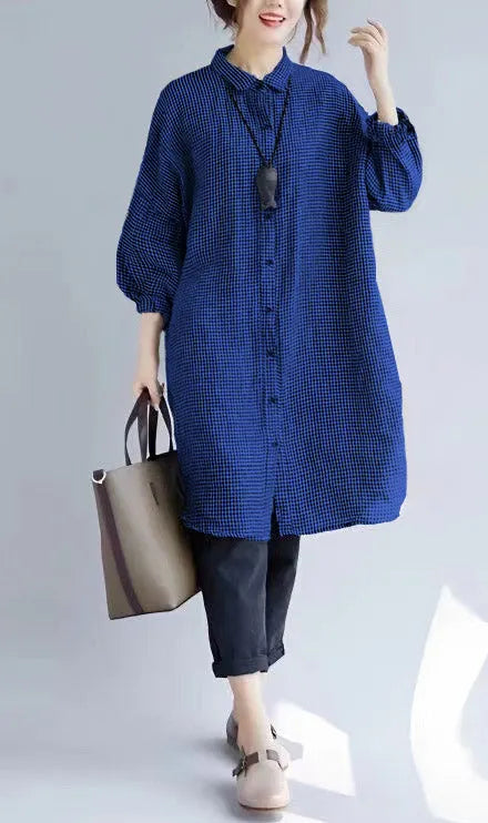 Stylish Black Plaid Cozy Cotton T Shirt Oversize Turn-down Collar Cotton Blouses Fine Long Sleeve Tops