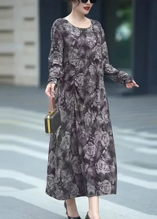 Grey O Neck Print Cotton Long Dress Fall