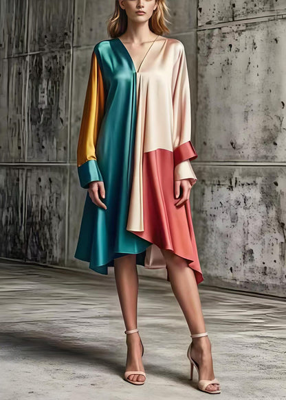 Asymmetrical Patchwork Silk Day Dress Spring