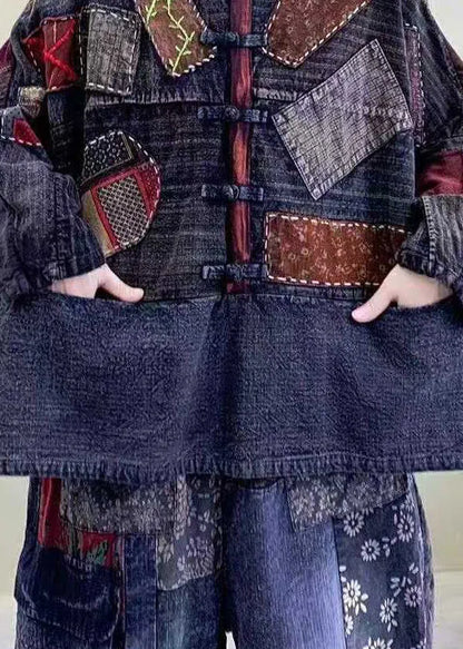 Blue Patch Pockets Oriental Button Cotton Jackets Spring