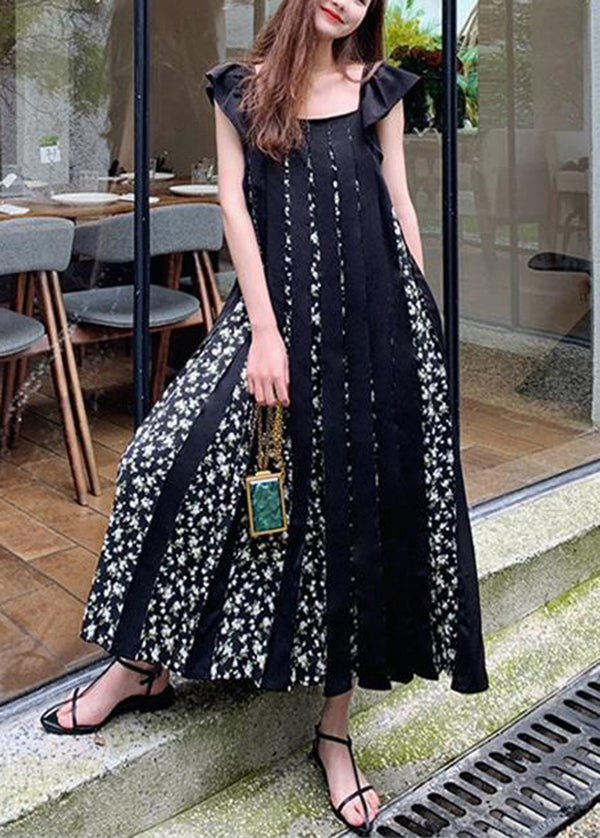 Black Print Wrinkled Patchwork Cotton Dresses Summer