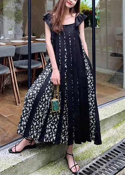 Black Print Wrinkled Patchwork Cotton Dresses Summer