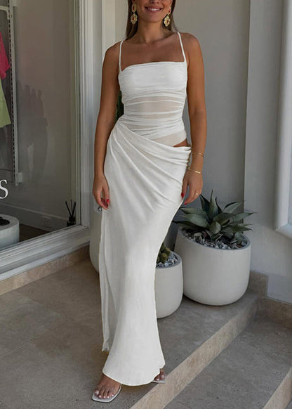 New White Neck Hanging Tulle Patchwork Fish Tail Long Dress