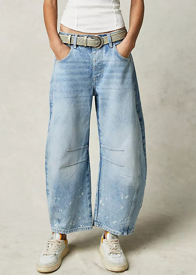 Modern Blue Pockets High Waist Denim Crop Pants Summer