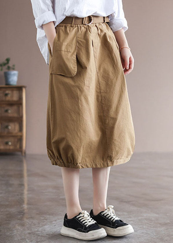 Khaki Elastic Waist Asymmetrical Pockets Cotton Skirts Summer
