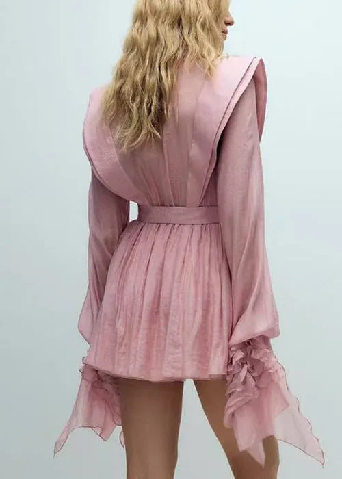 Pink Ruffled Cotton Mini Dress Lantern Sleeve