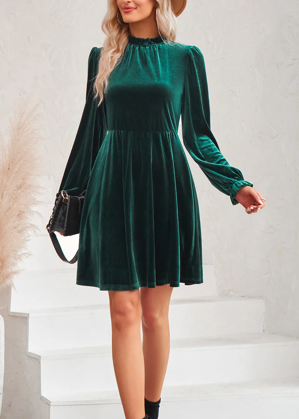 Blackish Green Ruffled Patchwork Velvet Mid Dress Fall