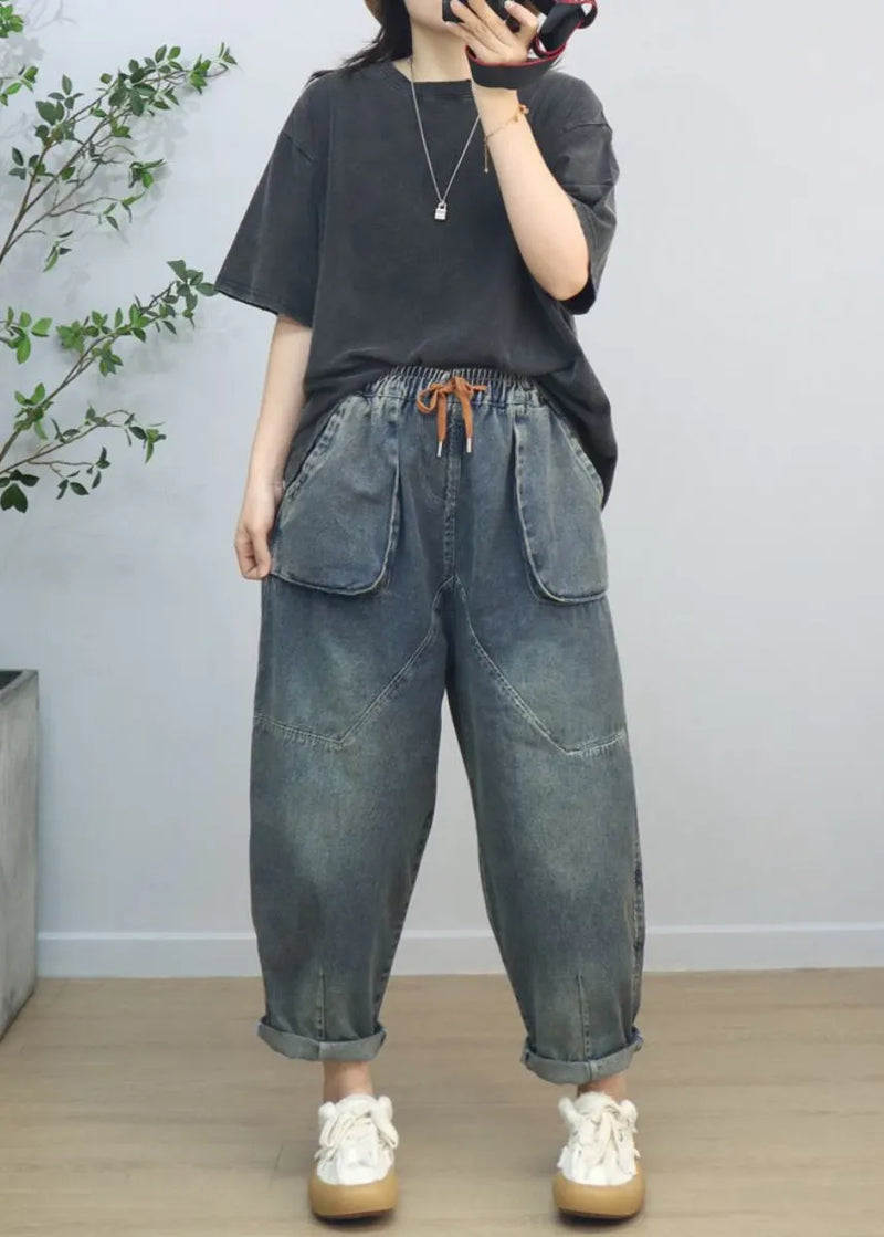 Blue Oversized Big Pockets Denim Harem Pants Spring