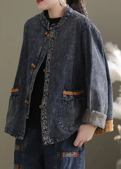 Italian Blue Stand Collar Button Denim Jackets Spring