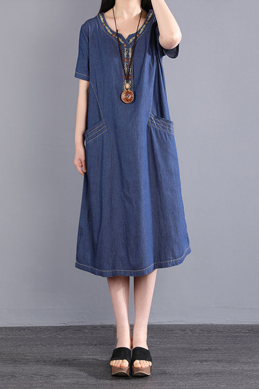 -summer New Embroidered Dress Short Sleeve Denim Dress