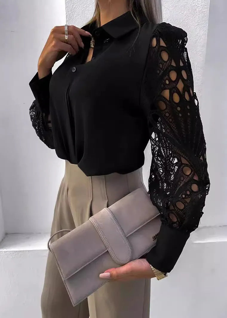 Style White Hollow Out Lace Patchwork Chiffon Shirt Tops Fall
