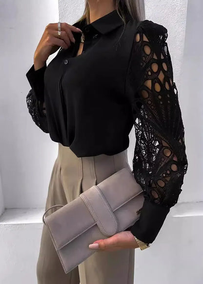 Style White Hollow Out Lace Patchwork Chiffon Shirt Tops Fall