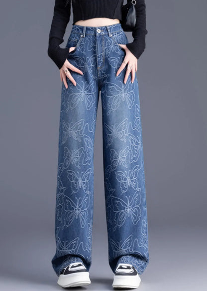 Italian Blue High Waist Print Denim Straight Pants Trousers Summer