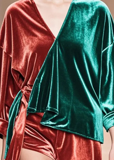 Colorblock Asymmetrical Patchwork Silk Velour Tops Fall