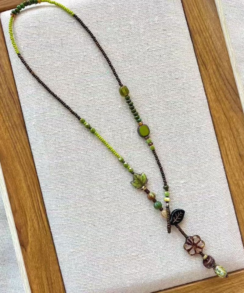 Green Hand Woven Beading Lariat Necklace