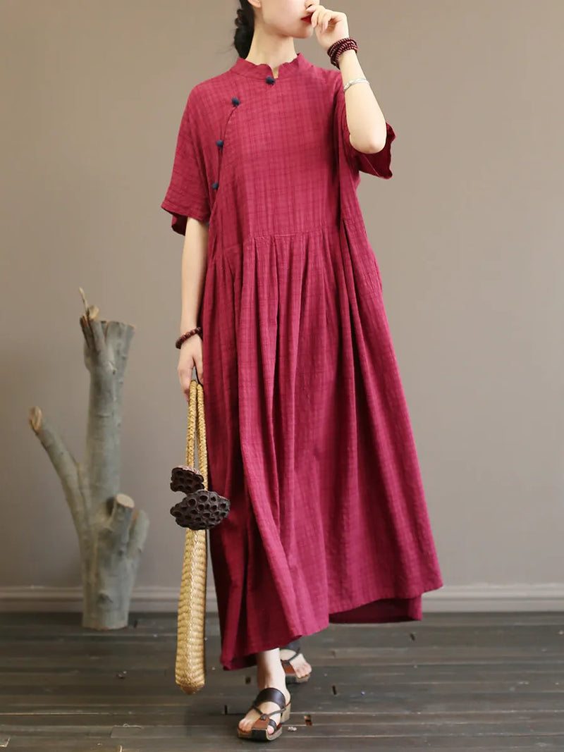 Pleated Plaid Chinese Style Dress