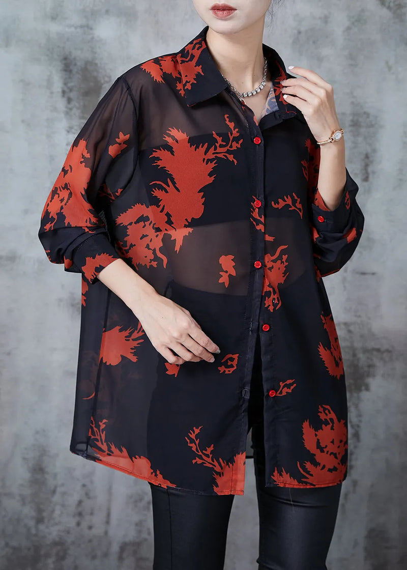 Black Print Chiffon Upf 50+ Blouse Top Oversized Summer