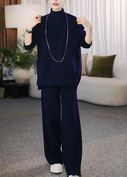 Loose Navy Turtleneck Cotton Knit Sweaters and Wide Leg Pants Two Piece Set Winter