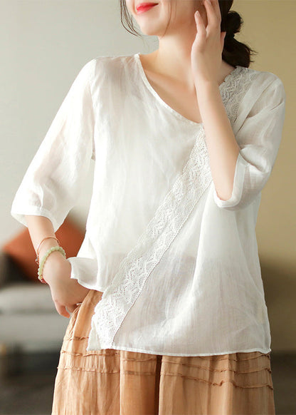 Brief Mulberry V Neck Embroidered Lace Patchwork Linen Top Short Sleeve