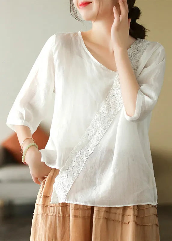 Brief Mulberry V Neck Embroidered Lace Patchwork Linen Top Short Sleeve