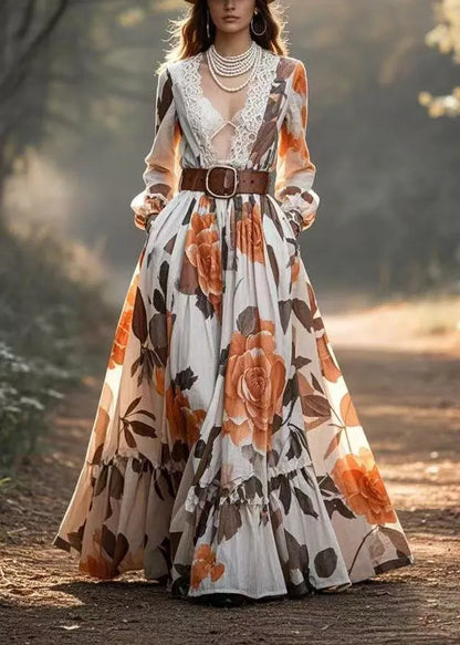 Style V Neck Patchwork Lace Print Cinched Vestidos Dress Spring