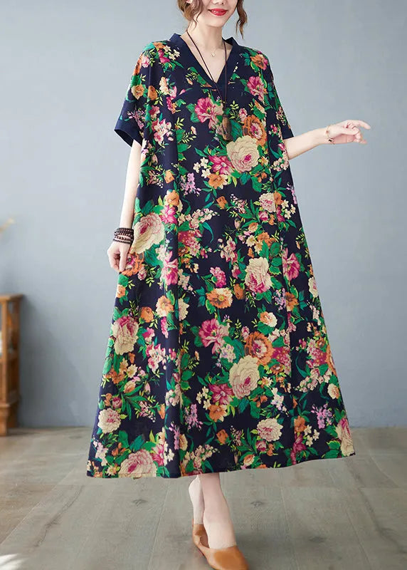 Art Navy Print Cotton Dress Oversized Summer
