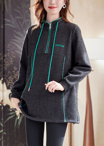 Dark Gray Zip Up Drawstring Patchwork Cotton Sweatshirts Winter