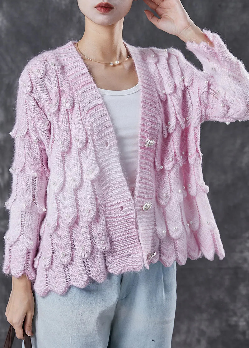 Boutique Pink V Neck Nail Bead Knit Cardigan Spring