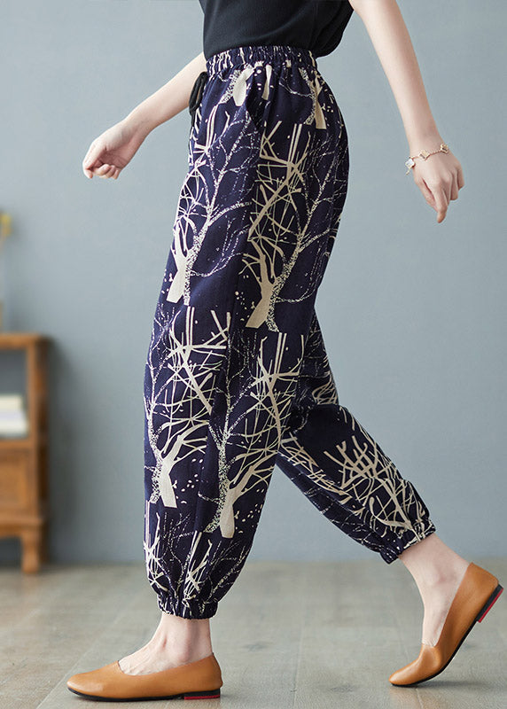 Navy Elastic Waist Print Harem Pants Summer