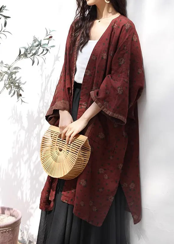 Red V Neck Print Pockets Linen Cardigans Fall