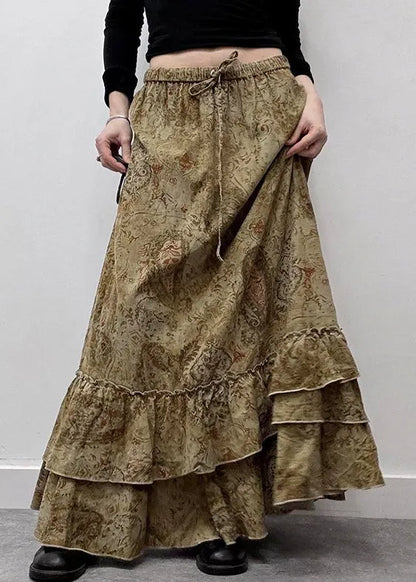 New Khaki Ruffled Print Elastic Waist Cotton Maxi Skirts Summer
