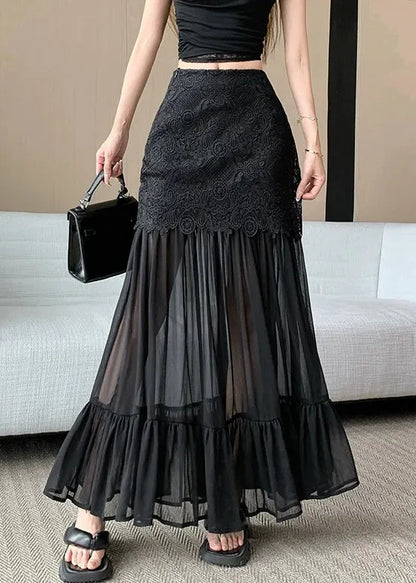 Slim Fit Black Lace High Waist Patchwork Tulle Skirts Summer