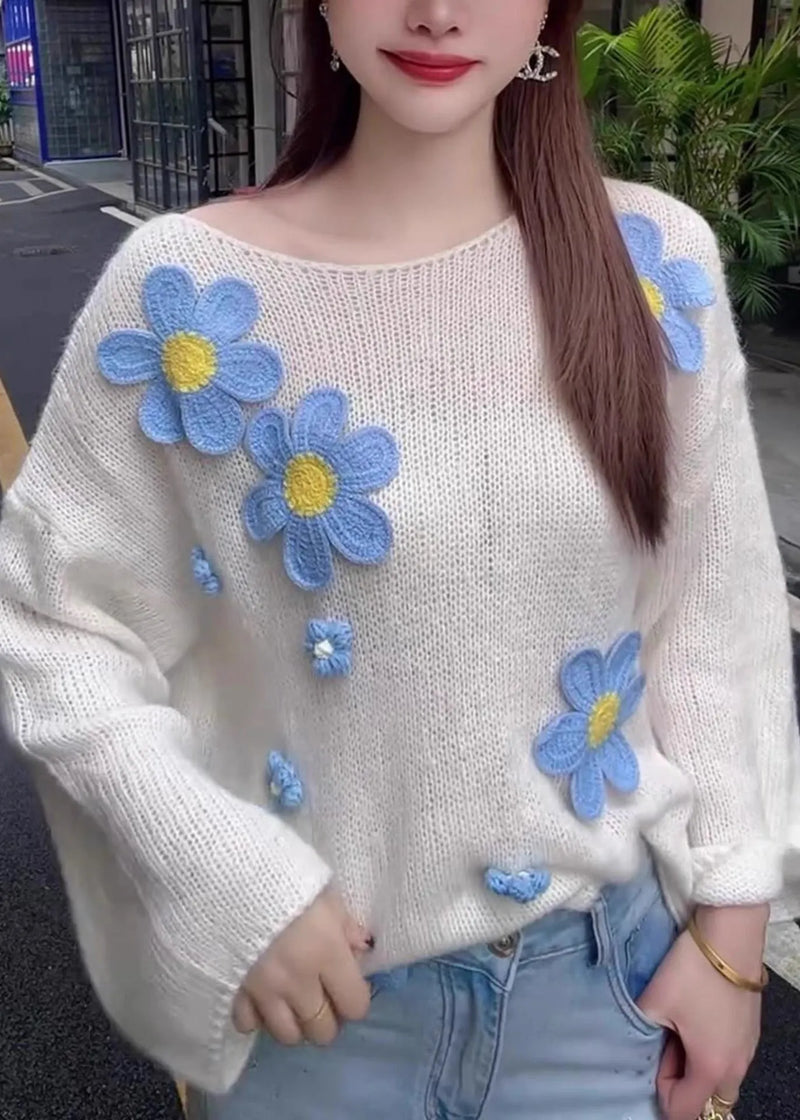 Stylish White O Neck Hollow Out Knit Sweater Tops Fall