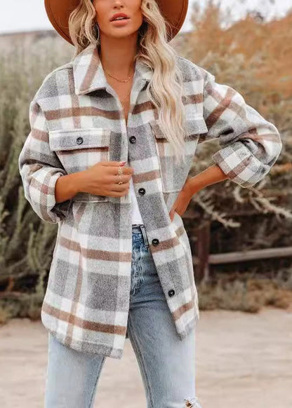 Stylish Light Grey Peter Pan Collar Pockets Plaid Woolen Coat Fall