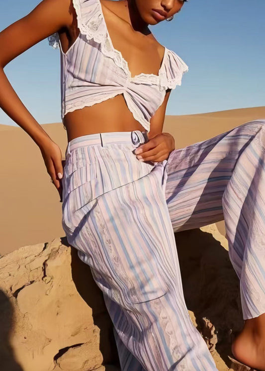 Diy Multicolour Striped Patchwork Lace Pants Summer