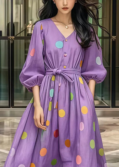 Purple Tie Waist Print Cotton Robe Dresses Fall