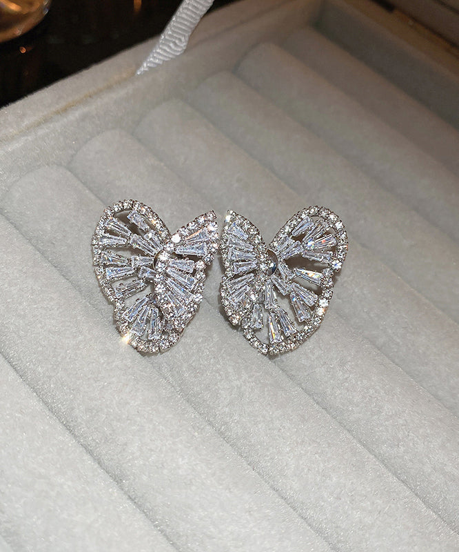 Silk Copper Zircon Hollow Out Butterfly Stud Earrings