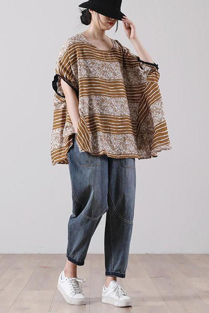 Leaf Stripes Color Patchwork Print T-shirt