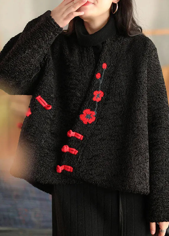 Chinese Style Black Button Embroidered Faux Fur Coats Long Sleeve