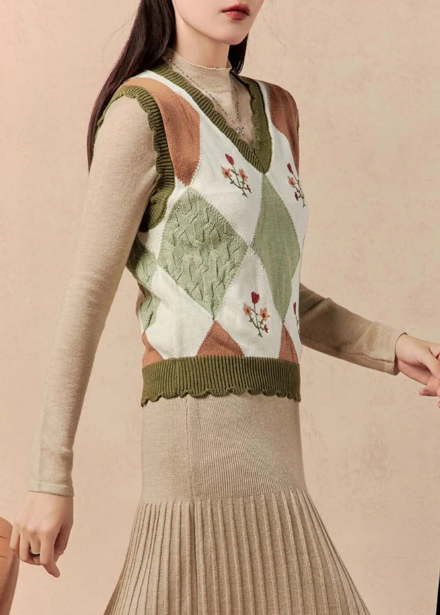 New Photo Color V Neck Patchwork Knit Vest Sleeveless