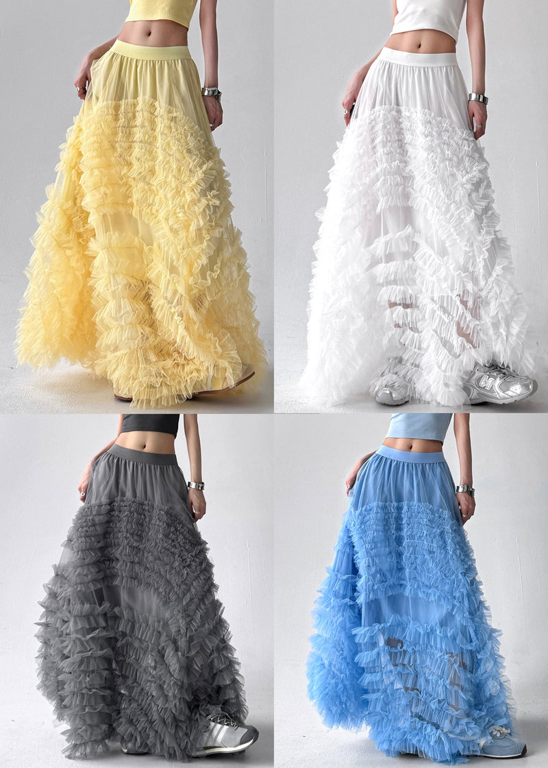 Art Grey Ruffled Elastic Waist Tulle Maxi Skirts Summer