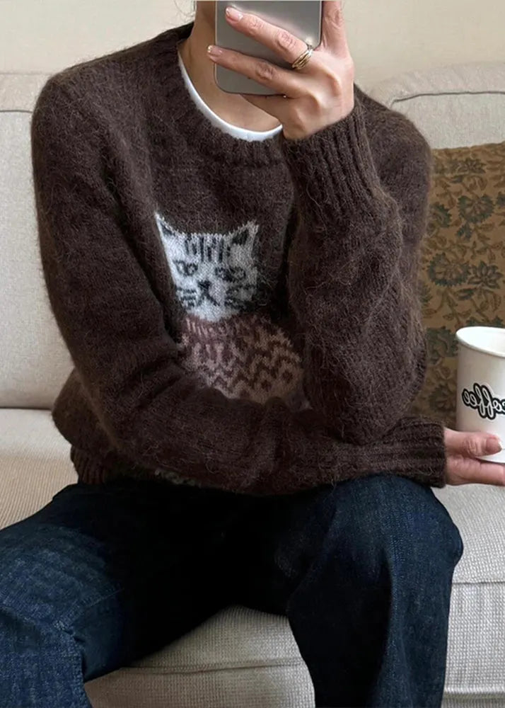 Coffee O Neck Cats Jacquard Knit Sweater Winter