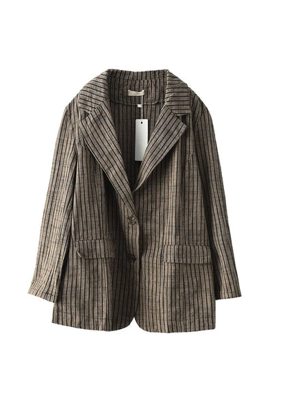 Light Button Pockets V Neck Striped Coats Long Sleeve