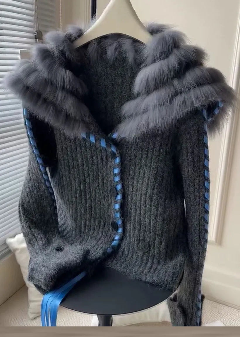 Dark Gray Fur Collar Button Cozy Knit Coat Fall