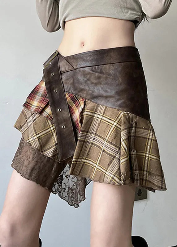 Brown Asymmetrical Lace Faux Leather Patchwork Skirts Summer