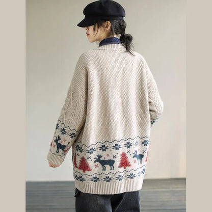 For Work Spring Knit Sweat Tops Beige Deer Print Knitted Cardigans