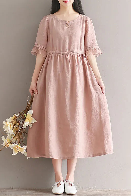 -summer Cotton Linen Dress Short Sleeve Pink Dress